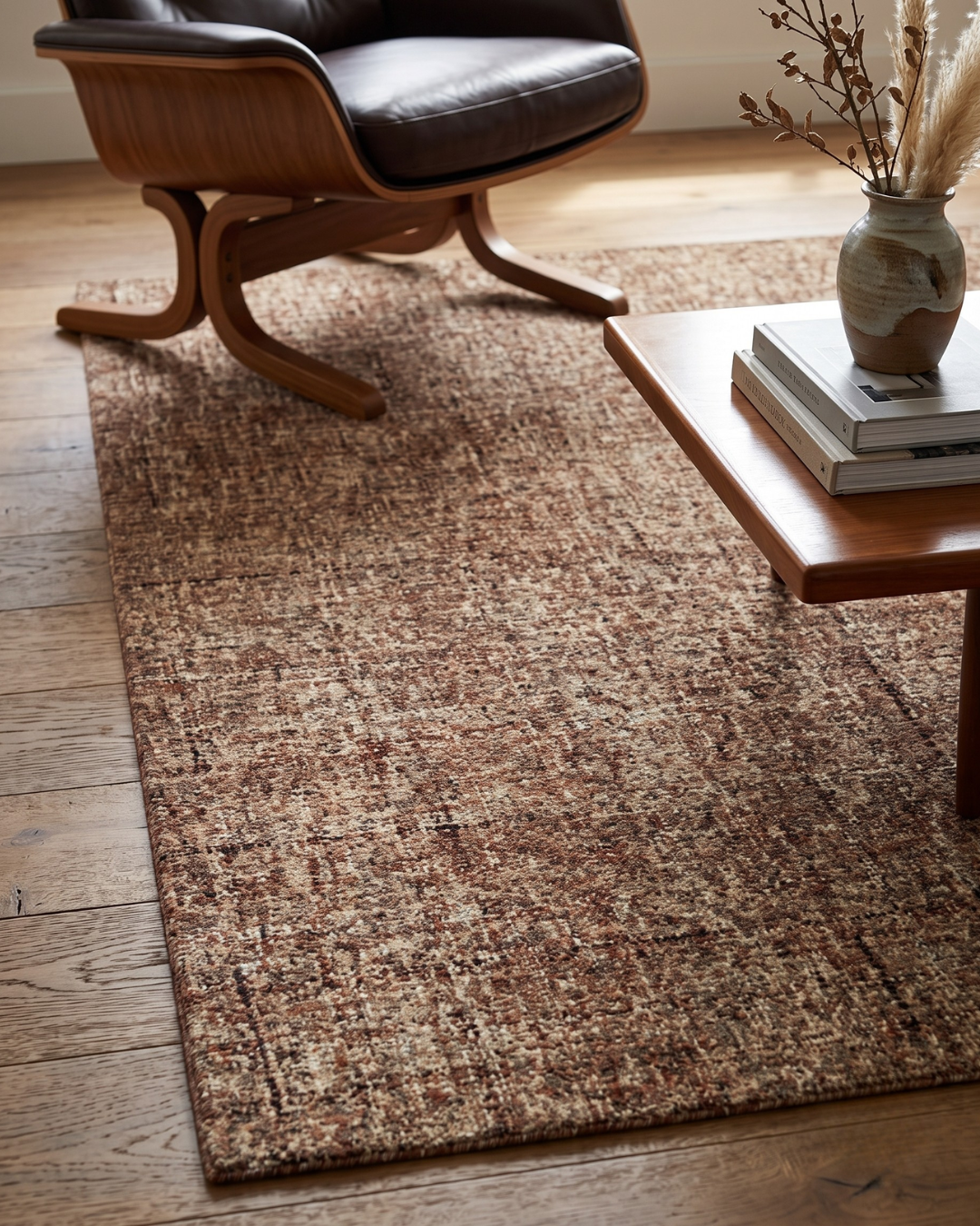 Dalyn Rugs Calisa CS5 Sunset Style Shot — Close-up style view of a warm brown textured area rug with mid-century modern furniture.
