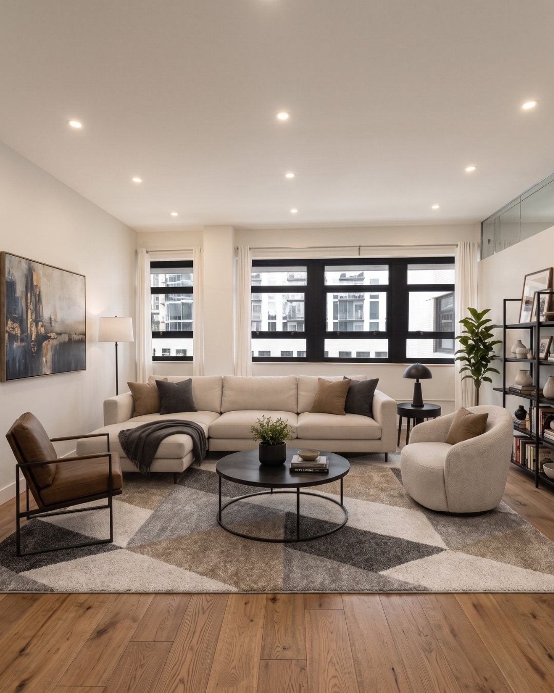 Dalyn Rugs Carmona CO4 Pewter Living Room — Geometric pewter area rug in a contemporary neutral living room.