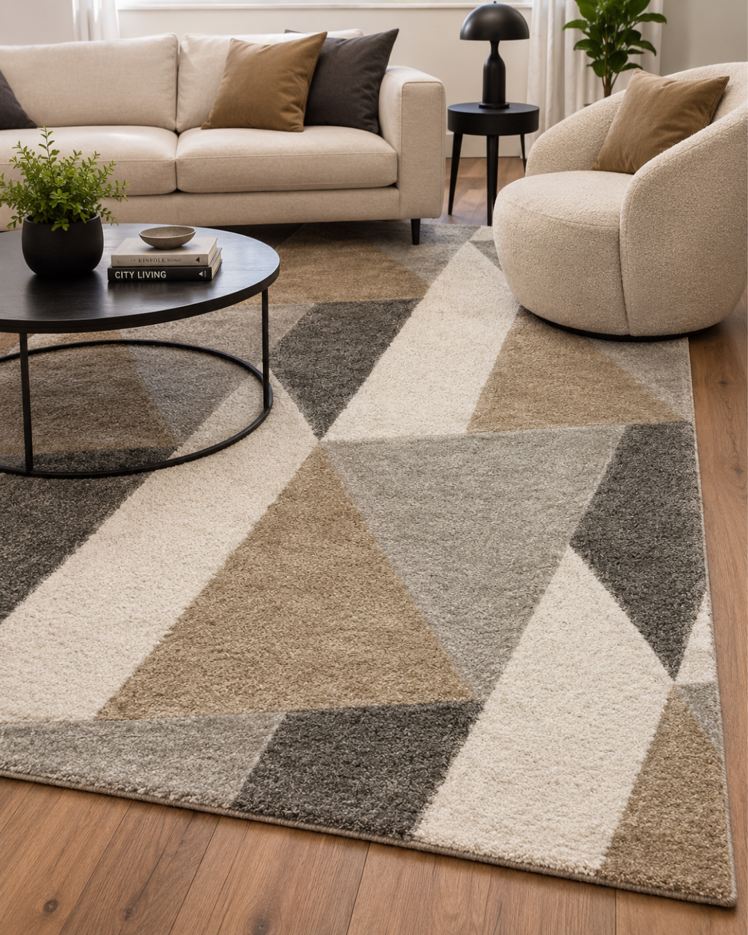 Dalyn Rugs Carmona CO4 Pewter Living Room Corner Shot — Pewter geometric area rug in a modern neutral living room.