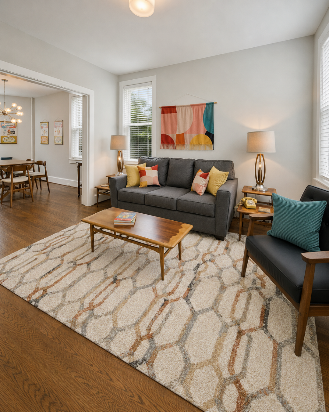 Dalyn Rugs Carmona CO7 Linen Corner Shot — Linen geometric area rug corner detail in a modern living room.