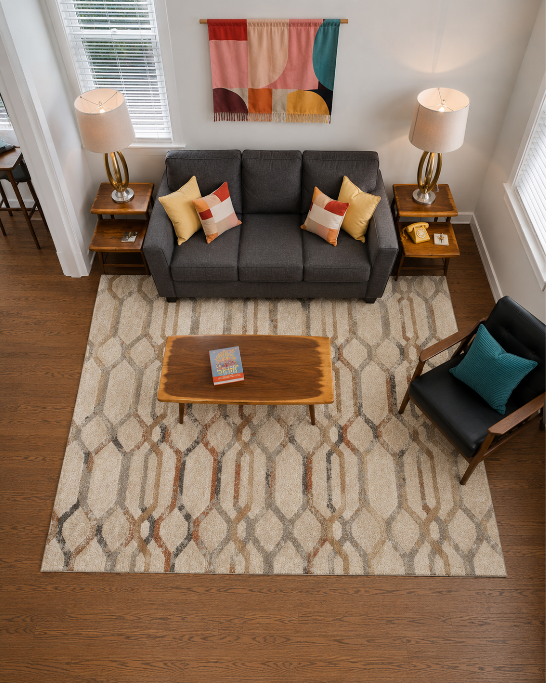 Dalyn Rugs Carmona CO7 Linen Living Room Overhead Shot — Linen geometric area rug shown from above in a living room.