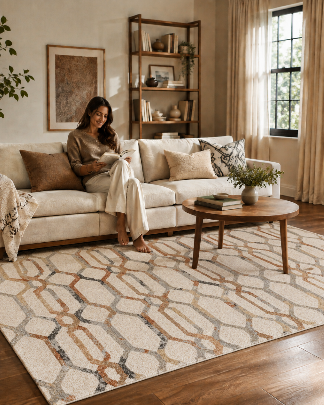 Dalyn Rugs Carmona CO7 Linen Style Shot — Linen geometric area rug in a cozy lifestyle living room.