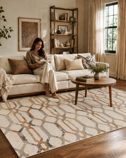 Dalyn Rugs Carmona CO7 Linen Style Shot — Linen geometric area rug in a cozy lifestyle living room.