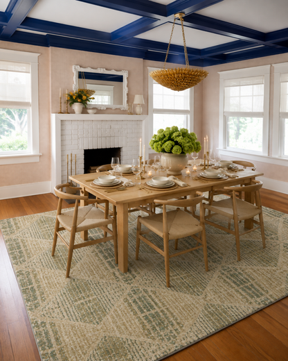 Dalyn Rugs Carmona CO8 Mist Dining Room — Mist patterned area rug in a bright traditional dining room.