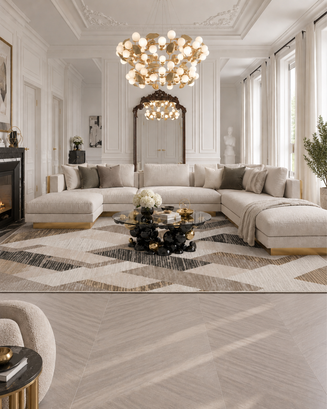 Dalyn Rugs Denizi DZ5 Putty Living Room — Putty geometric area rug in a bright elegant living room.