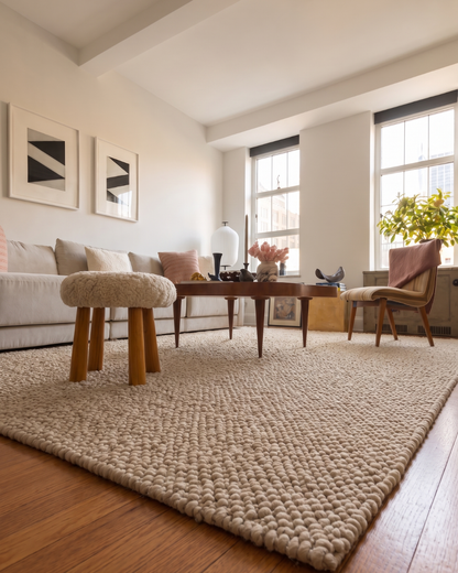 Dalyn Rugs Gorbea GR1 Latte Corner Shot — Textured latte area rug in a bright modern living room.