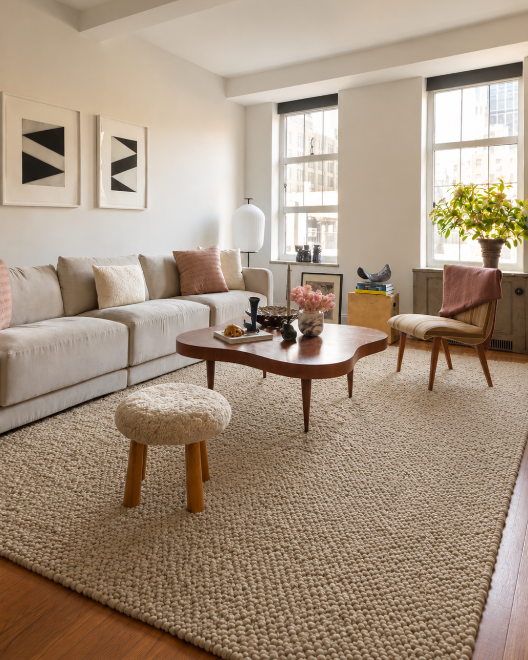 Dalyn Rugs Gorbea GR1 Latte Living Room — Neutral textured latte rug styled in a contemporary living room.