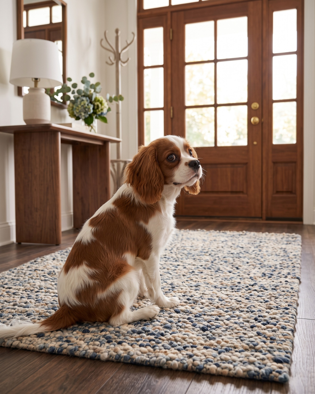 Dalyn Rugs Hanu HU1 Navy Style Shot — Navy and ivory textured area rug with a dog in a bright entryway.