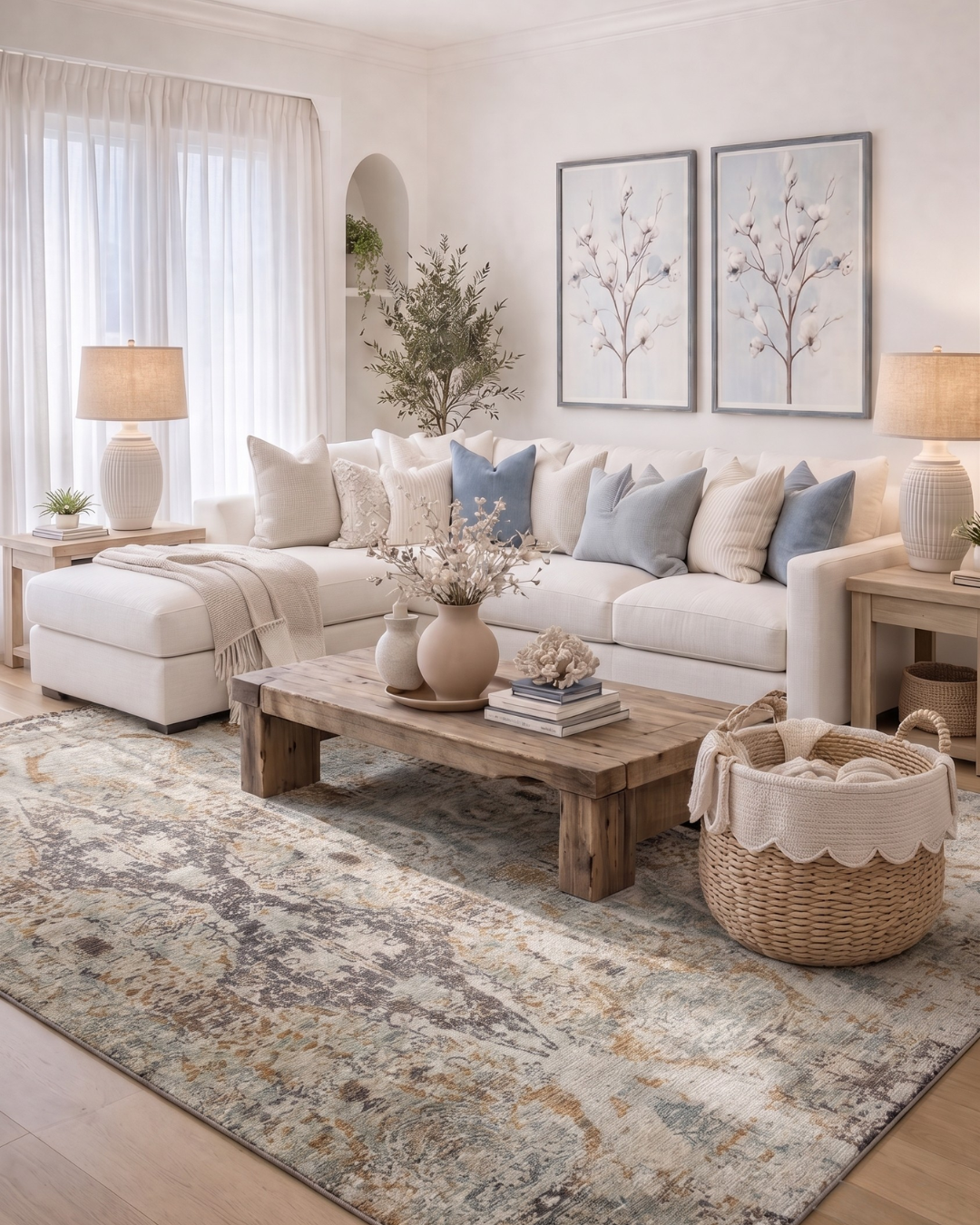 Dalyn Rugs Karaj KJ9 Linen Living Room — Linen blue and gold abstract area rug in a soft neutral living room.