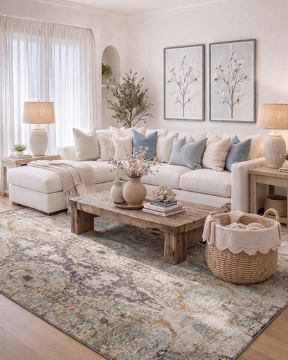 Dalyn Rugs Karaj KJ9 Linen Living Room — Linen blue and gold abstract area rug in a soft neutral living room.