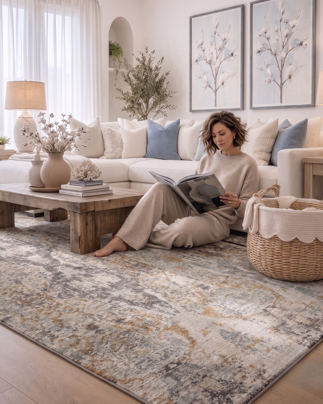Dalyn Rugs Karaj KJ9 Linen Style Shot — Linen blue and gold abstract area rug in a cozy modern living room.