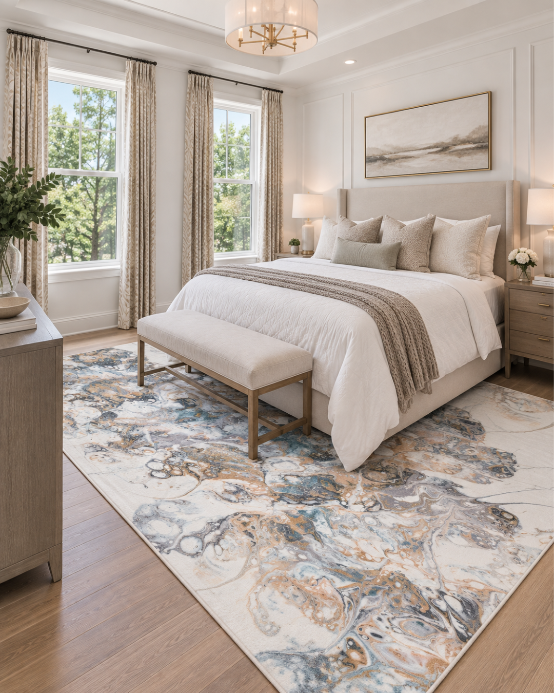 Dalyn Rugs Kikiamo KK11 Volcano Bedroom — Volcano blue and beige abstract area rug in a bright bedroom.