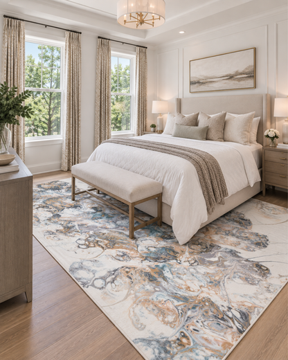 Dalyn Rugs Kikiamo KK11 Volcano Bedroom — Volcano blue and beige abstract area rug in a bright bedroom.