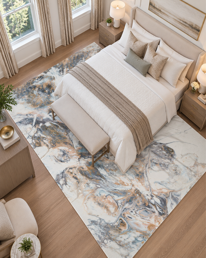 Dalyn Rugs Kikiamo KK11 Volcano Bedroom Overhead Shot — Volcano abstract area rug shown from above beneath a modern bed.