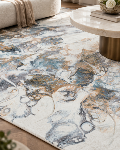 Dalyn Rugs Kikiamo KK11 Volcano Style Shot — Volcano abstract area rug styled in a contemporary living space.