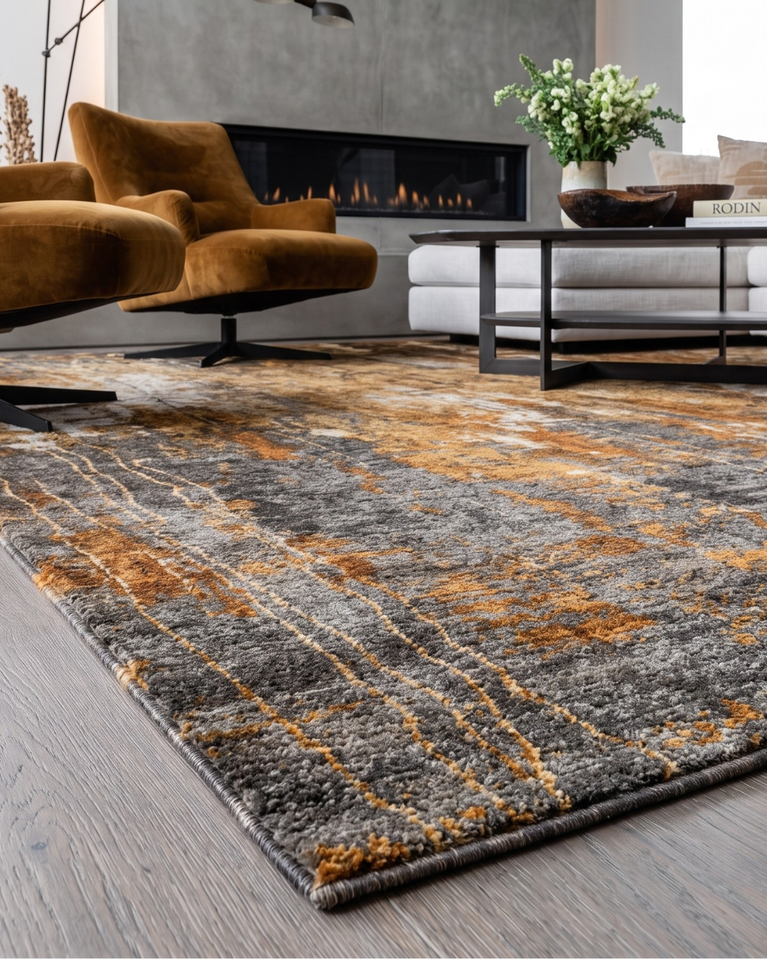 Dalyn Rugs Kochi KC10 Rust Corner Shot — Rust and charcoal abstract area rug in a modern living room corner view.