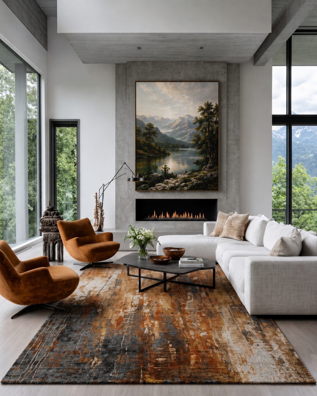 Dalyn Rugs Kochi KC10 Rust Living Room — Rust and charcoal abstract area rug in a modern luxury living room.