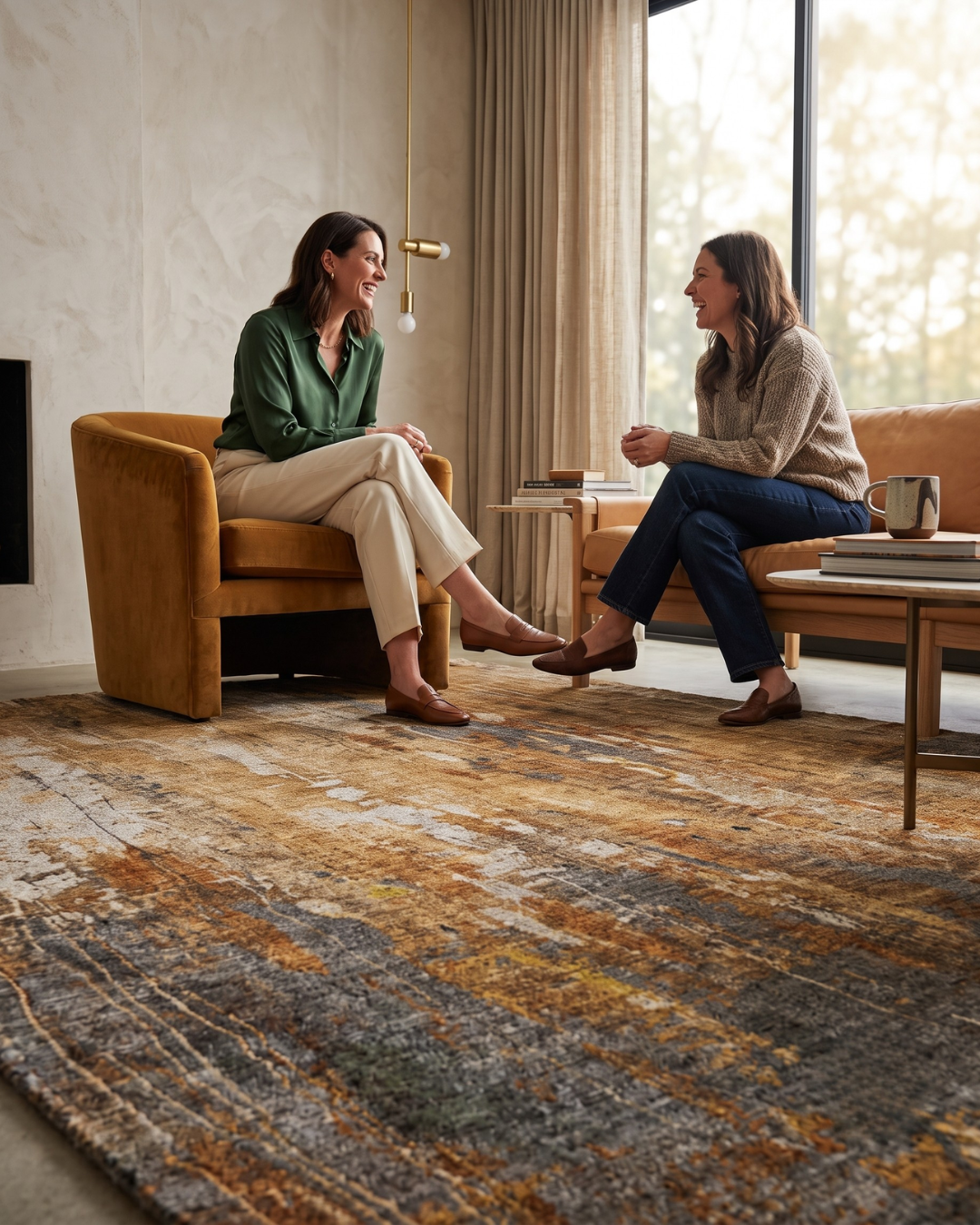 Dalyn Rugs Kochi KC10 Rust Style Shot — Rust and charcoal abstract area rug in a warm contemporary seating area.