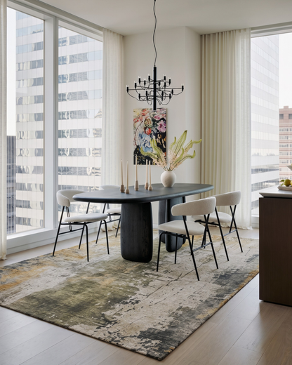 Dalyn Rugs Kochi KC14 Putty Dining Room — Putty, olive, and gold abstract area rug styled in a bright contemporary dining room.