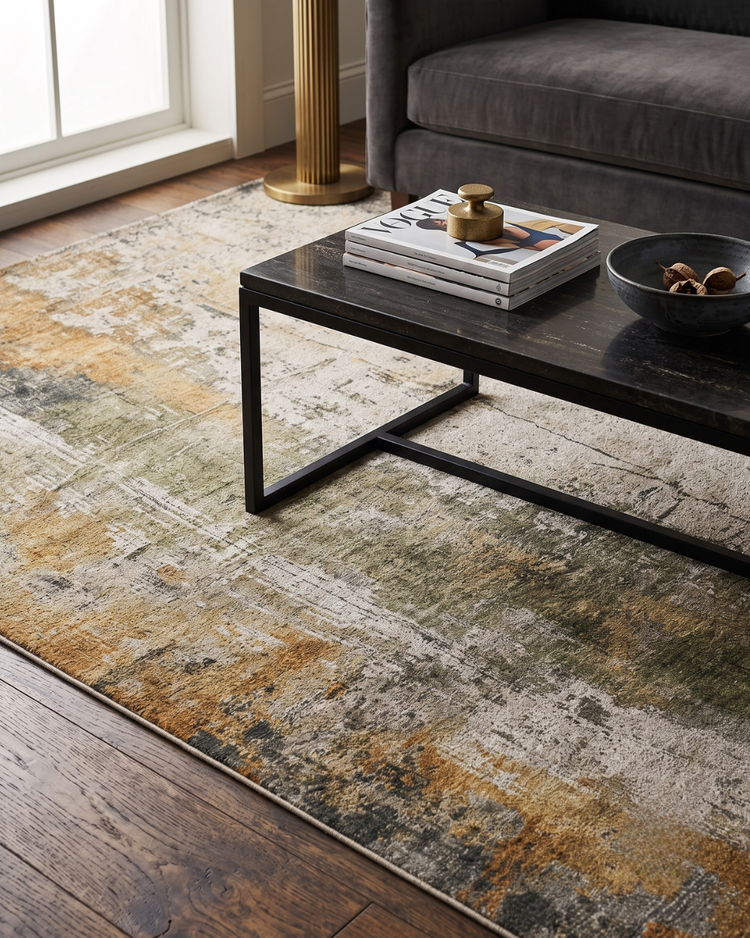 Dalyn Rugs Kochi KC14 Putty Style Shot — Putty, olive, and gold abstract area rug styled beneath a dark modern coffee table.