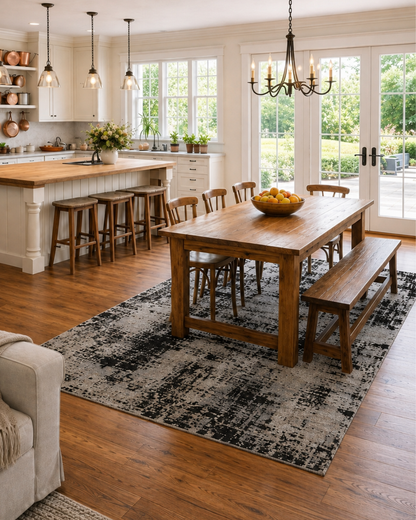 Dalyn Rugs Kochi KC7 Black Dining Room — Black and gray abstract area rug beneath a wood dining table.