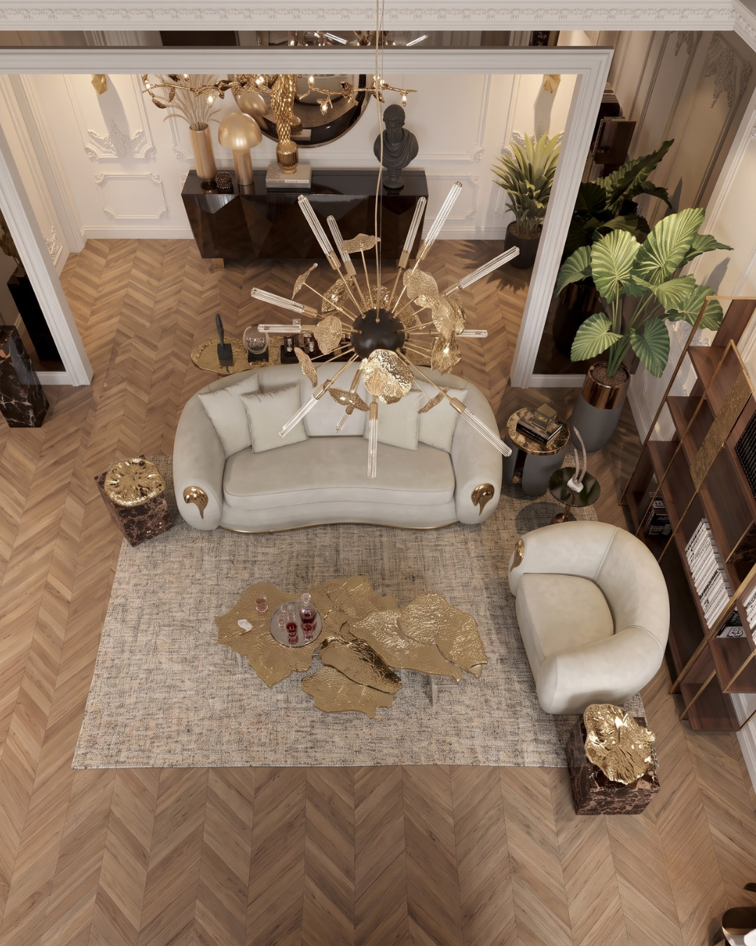 Dalyn Rugs Mateo ME1 Putty Living Room Overhead Shot — Putty textured area rug shown from above in an elegant living room.