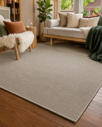 Dalyn Rugs Monaco Sisal MC300 Mushroom Corner Shot — Mushroom solid textured sisal rug corner detail in a cozy living room.