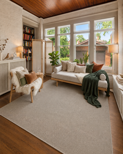 Dalyn Rugs Monaco Sisal MC300 Mushroom Living Room — Mushroom textured sisal area rug in a bright cozy living room.
