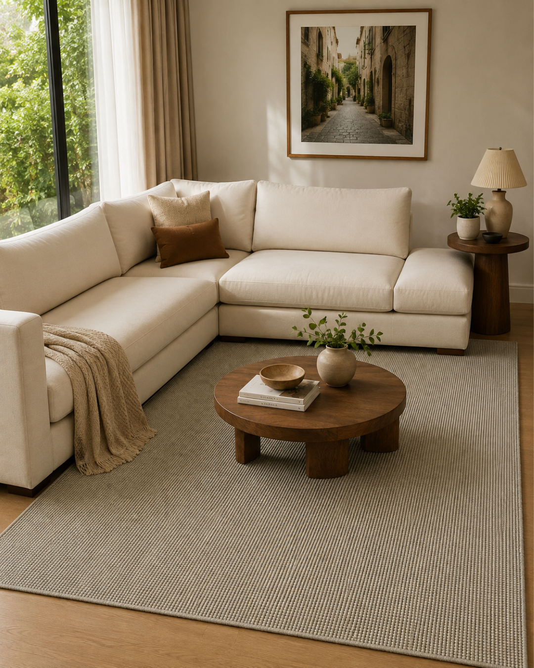 Dalyn Rugs Monaco Sisal MC300 Mushroom Style Shot — Mushroom textured sisal area rug styled with a neutral sectional sofa.
