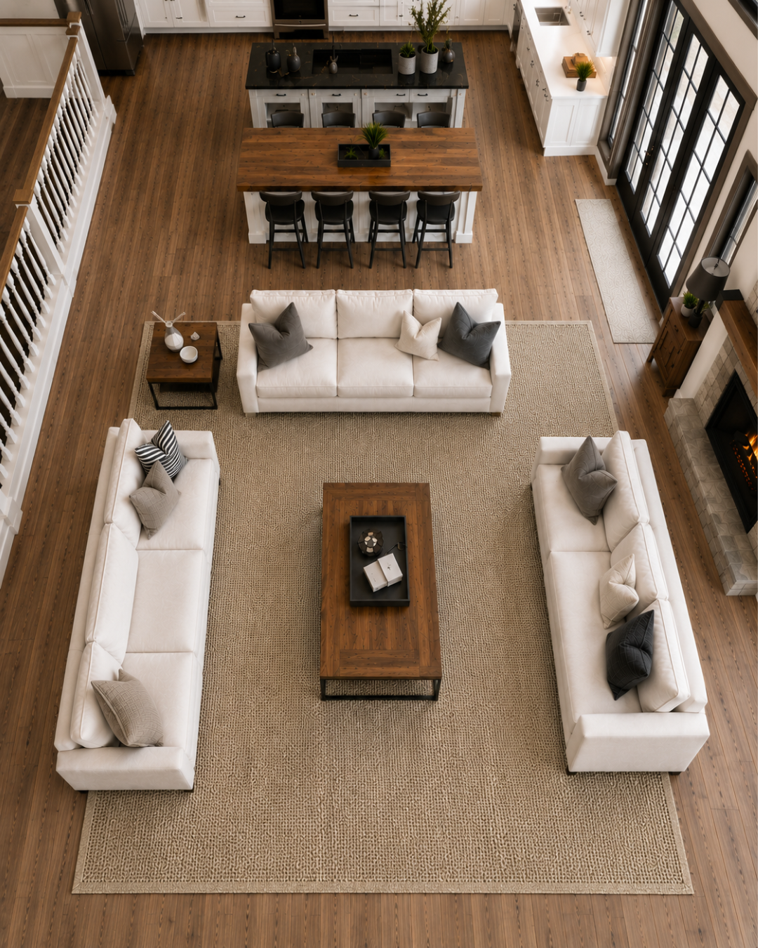 Dalyn Rugs Monaco Sisal MC300 Oatmeal Living Room Overhead Shot — Oatmeal woven area rug in a spacious living room overhead view.
