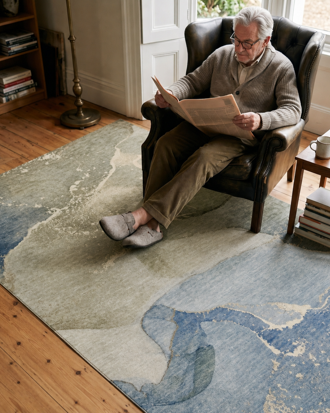 Dalyn Rugs Odyssey OY10 Sky Style Shot — Blue and green abstract rug shown in a cozy reading space.