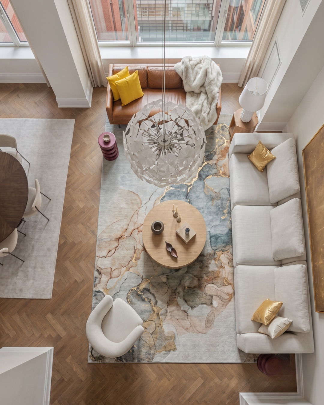 Dalyn Rugs Odyssey OY12 Tan Living Room Overhead Shot — Tan abstract area rug shown from above.