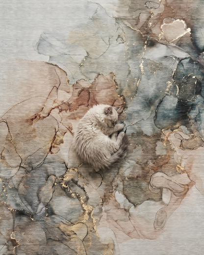 Dalyn Rugs Odyssey OY12 Tan Style Shot — Tan abstract area rug with a resting cat.