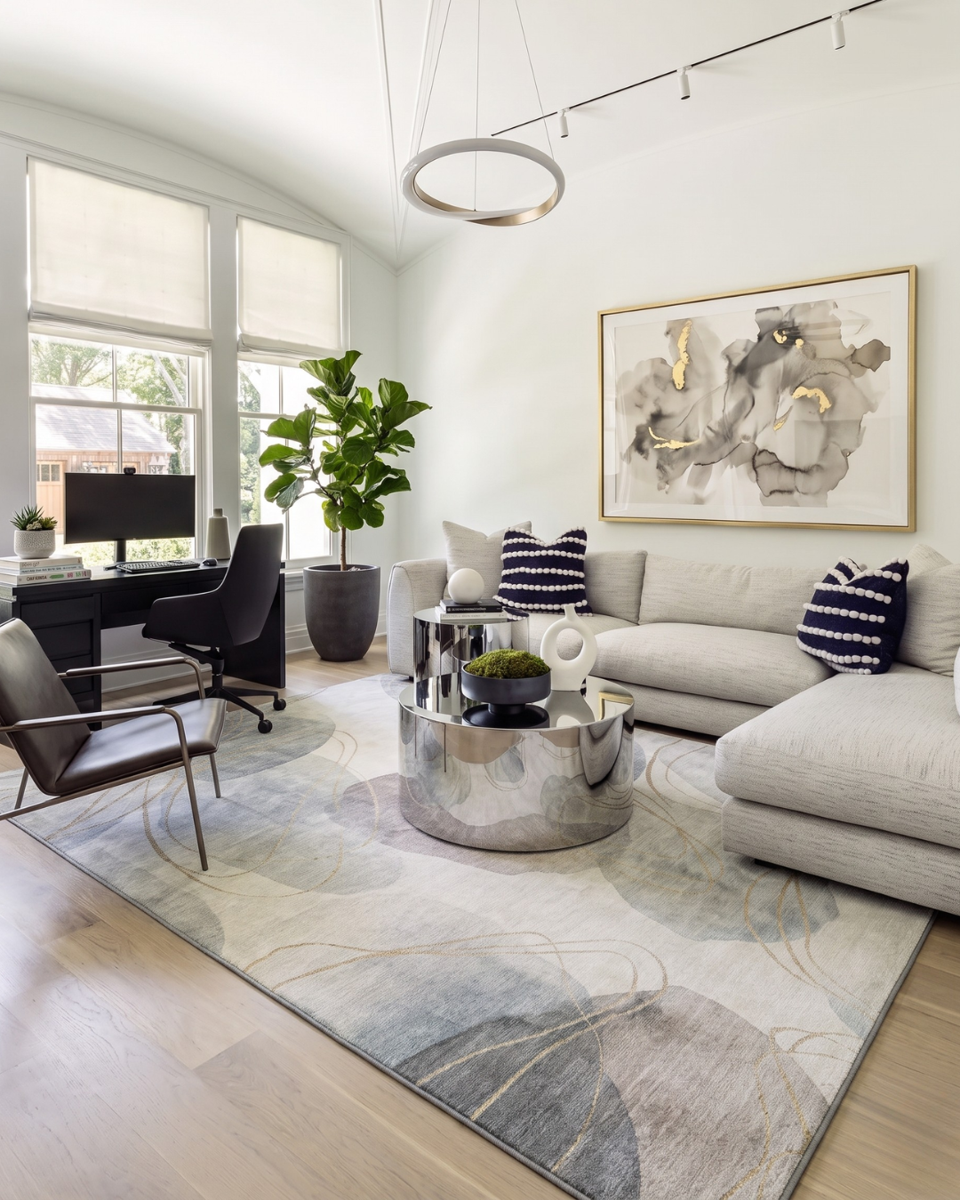 OY15 Pearl Overhead: Pearl abstract rug in a modern living room.