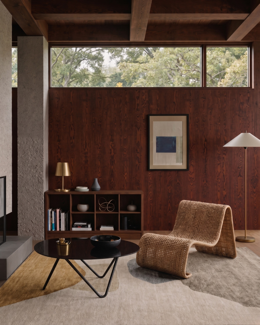Dalyn Rugs Odyssey OY17 Taupe Style Shot — Taupe abstract rug styled in a warm wood-paneled interior.