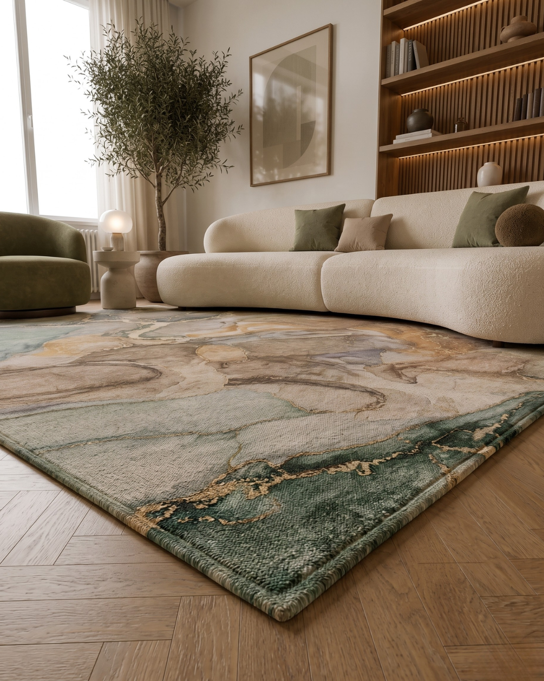OY1 Taupe Corner: Taupe abstract rug in a modern living room.