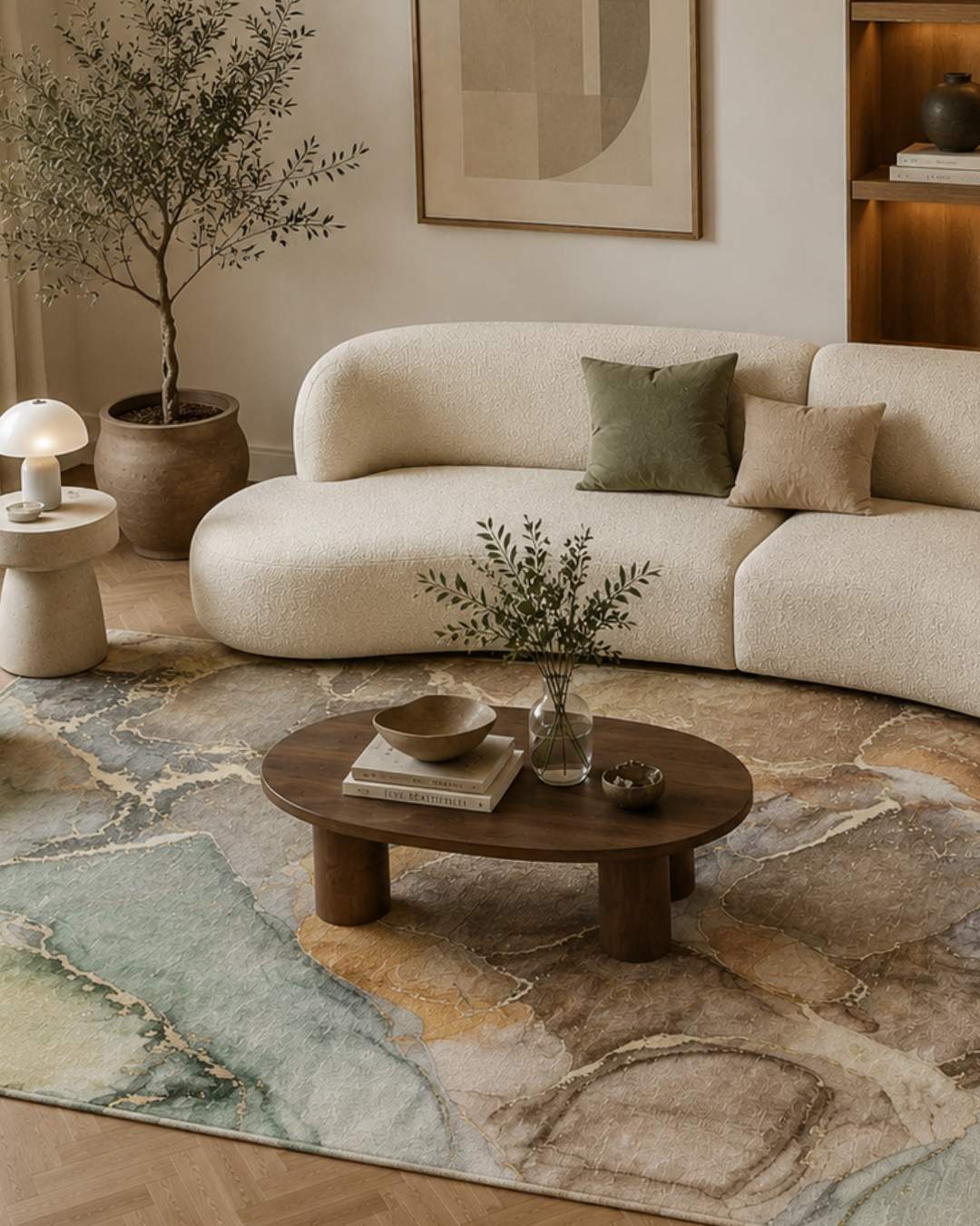 OY1 Taupe Living Room: Taupe and green rug in a contemporary living room.