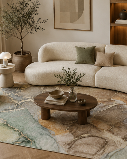OY1 Taupe Living Room: Taupe and green rug in a contemporary living room.