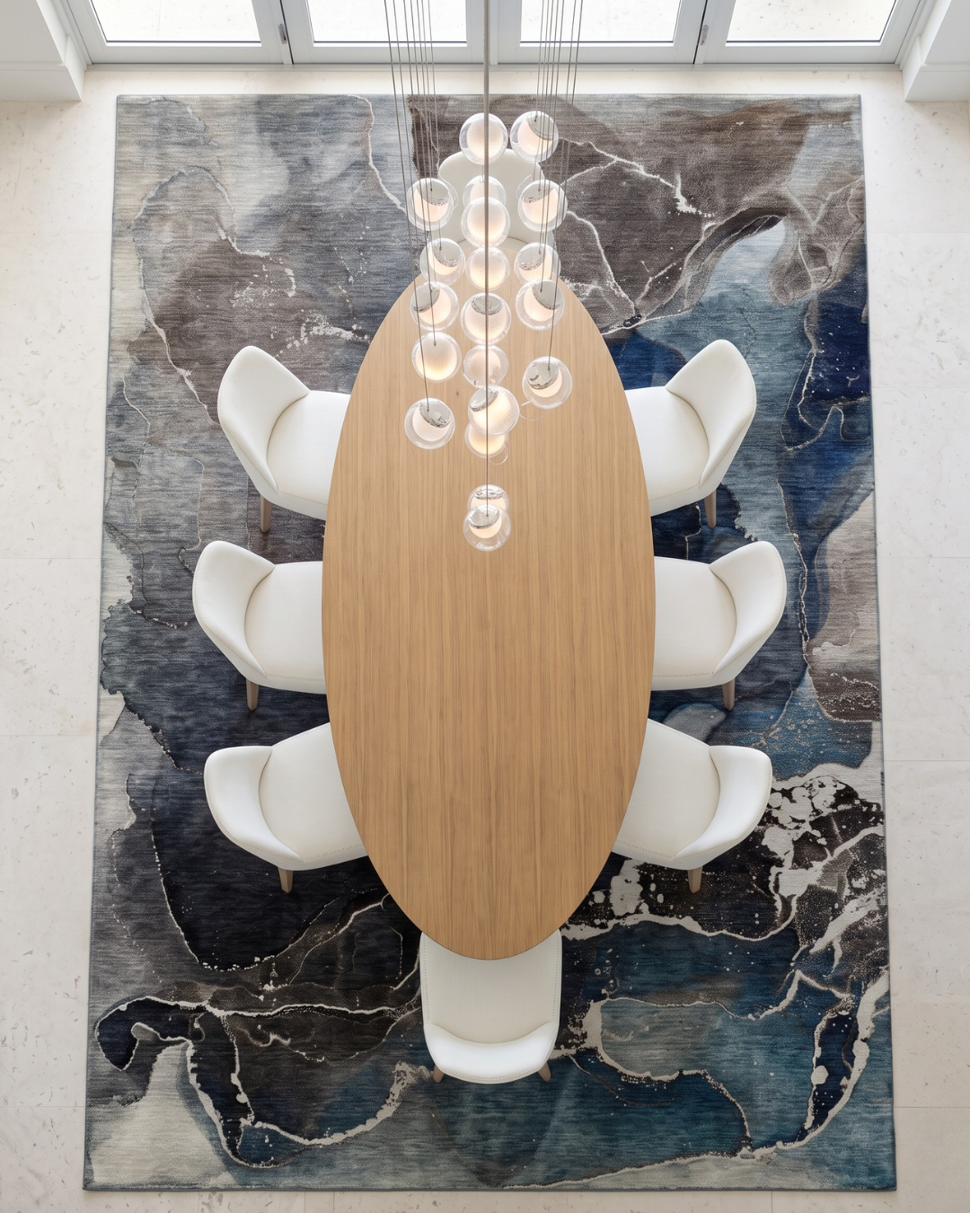 OY3 Blue Overhead: Blue and gray abstract rug in a dining room.