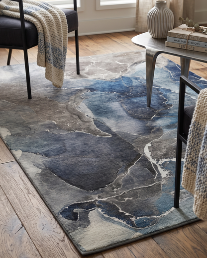OY3 Blue Style: Blue and gray abstract rug close-up.