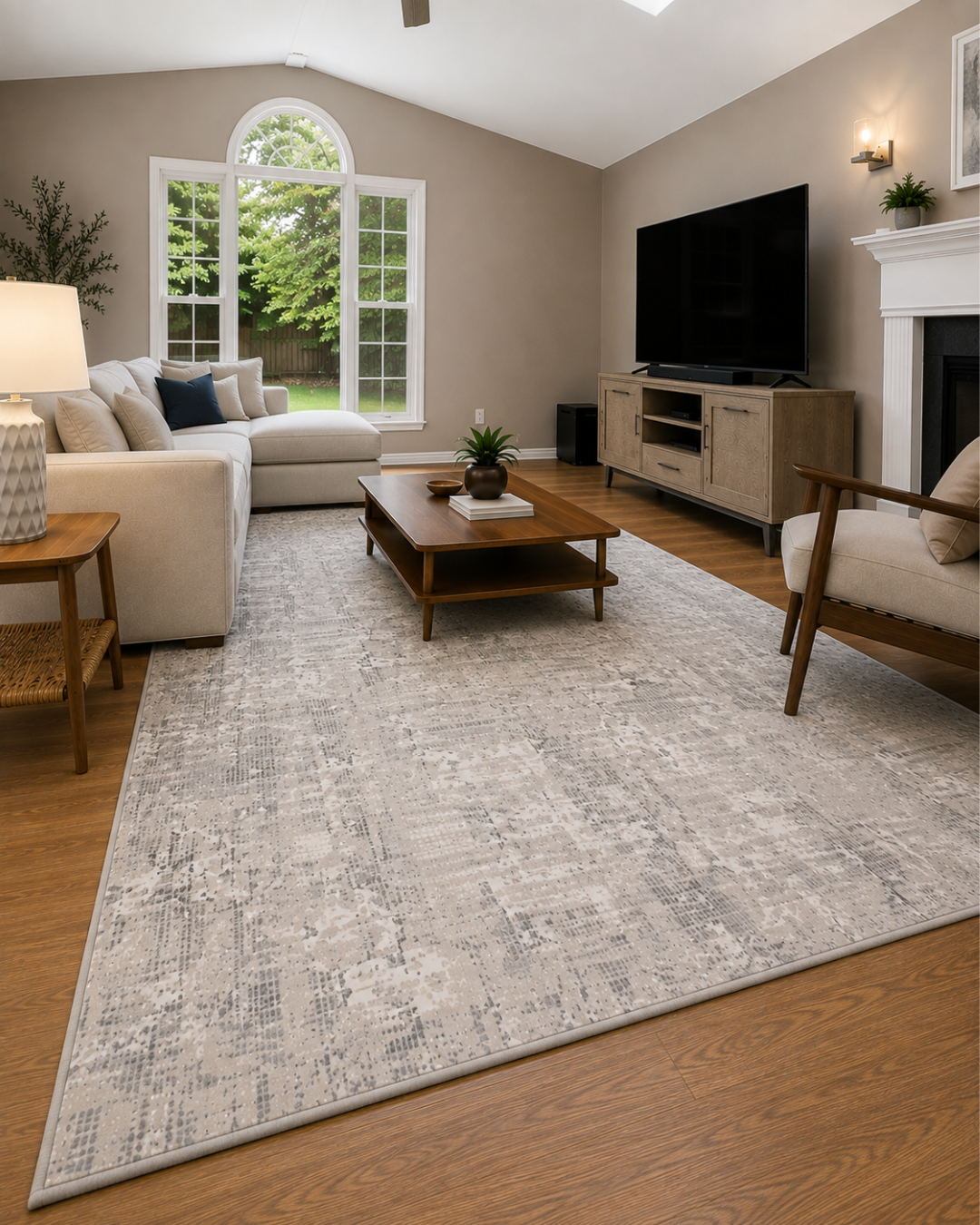 Dalyn Rugs Rhodes RR3 Silver Living Room Corner Shot — Silver abstract area rug in a bright modern living room.