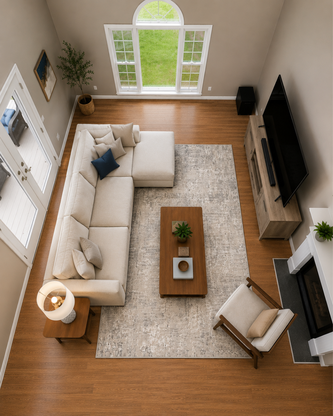 Dalyn Rugs Rhodes RR3 Silver Living Room Overhead Shot — Silver abstract area rug shown from above in a modern living room.
