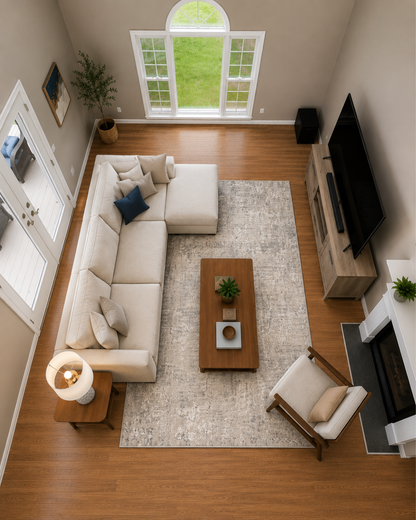 Dalyn Rugs Rhodes RR3 Silver Living Room Overhead Shot — Silver abstract area rug shown from above in a modern living room.