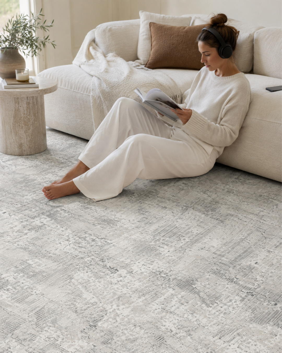 Dalyn Rugs Rhodes RR3 Silver Living Room Style Shot — Silver abstract area rug with soft neutral living room styling.