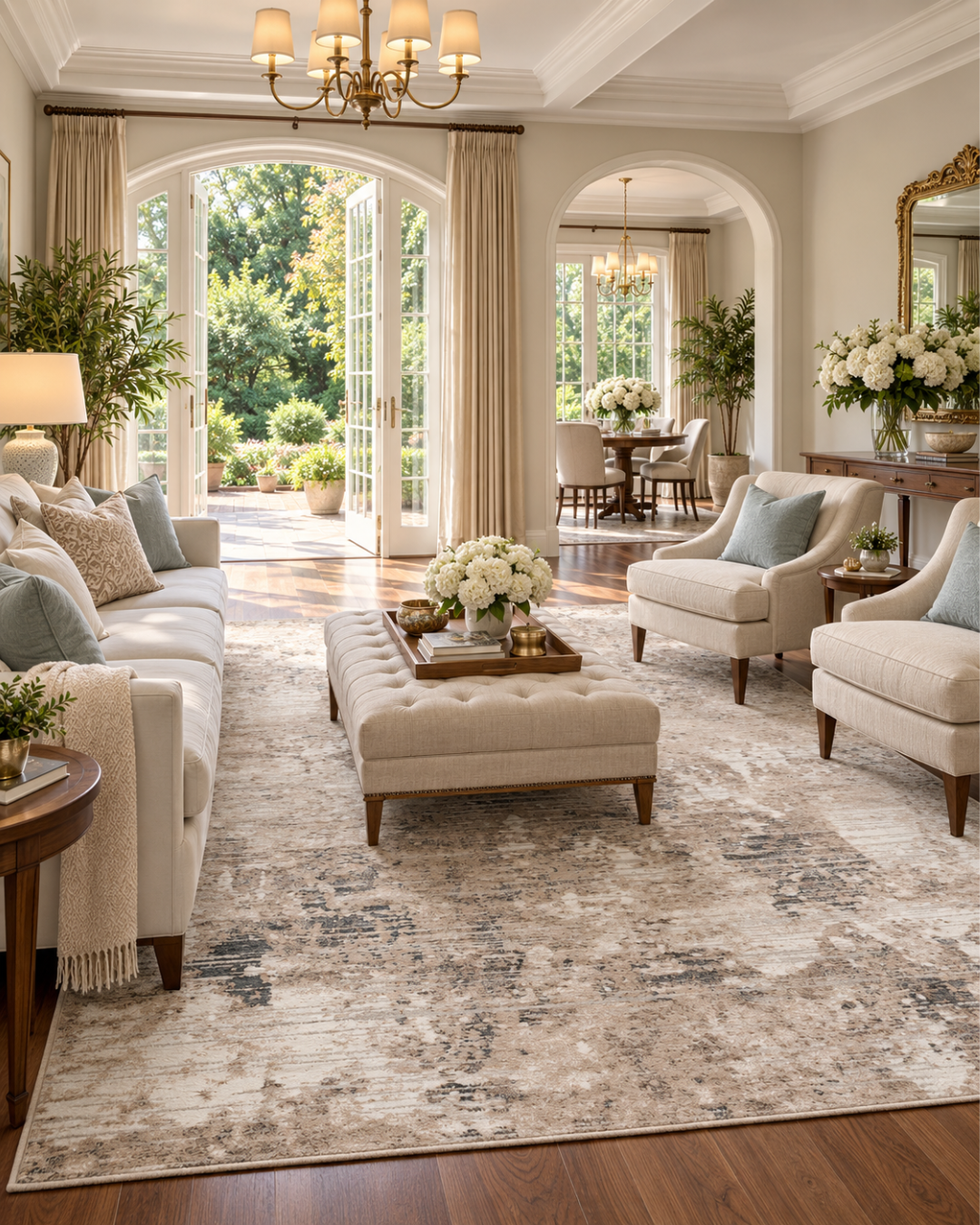 Dalyn Rugs Rhodes RR4 Taupe Living Room — Taupe abstract area rug in a bright classic living room with neutral furniture.