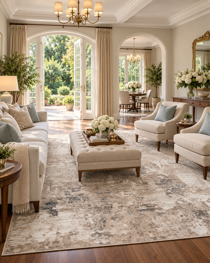 Dalyn Rugs Rhodes RR4 Taupe Living Room — Taupe abstract area rug in a bright classic living room with neutral furniture.