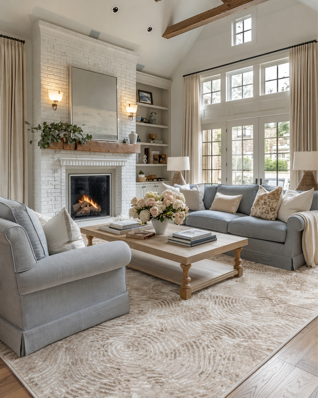 Dalyn Rugs Rhodes RR5 Taupe Living Room — Taupe textured area rug in a bright contemporary living room.