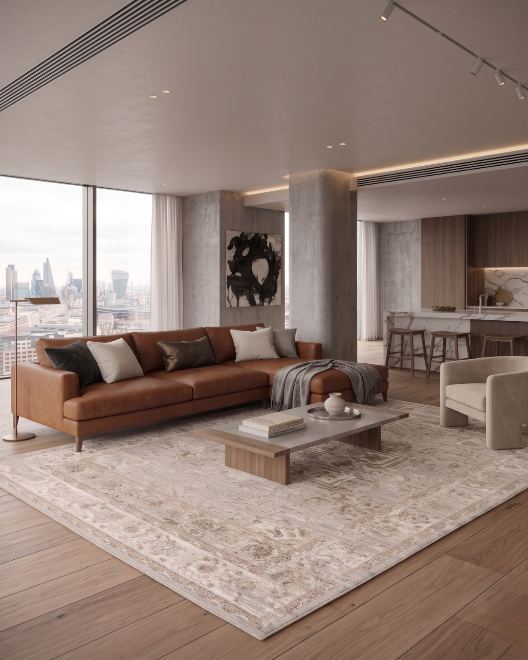 Rhodes RR6 Taupe Living Room: Taupe distressed rug in a modern living room.