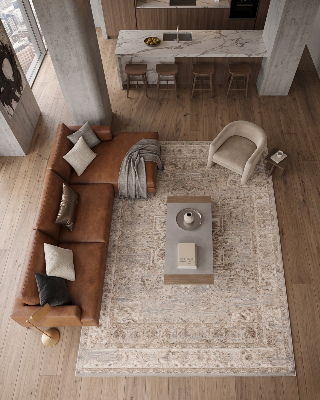 Rhodes RR6 Taupe Overhead: Taupe traditional rug beneath a leather sectional.