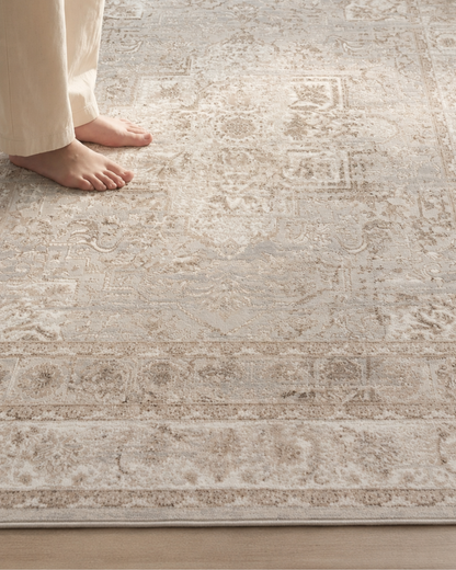 Rhodes RR6 Taupe Style: Close-up of a soft taupe distressed rug.